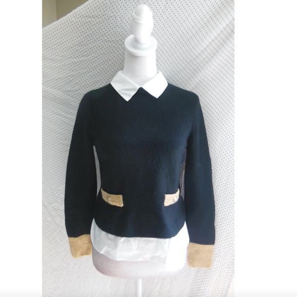 NEW CECE Black & White TWO-FER Collared LAYERED Pocket Detail SWEATER TOP XS - Picture 3 of 10
